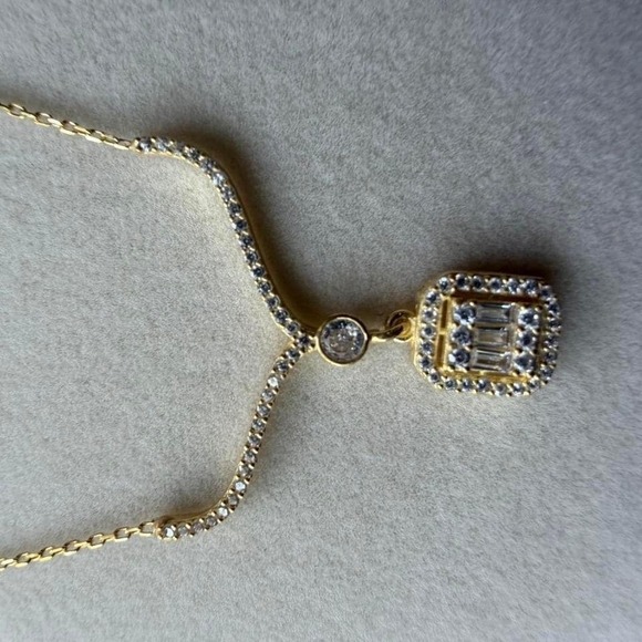 Jewelry - Gold Tone Crystal Halo Rectangular Drop Y Necklace